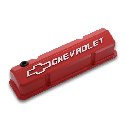Proform Valve Covers; Slant-Edge Tall; Die Cast; Red w/ Raised Bowtie Logo; SB Chevy 141-931