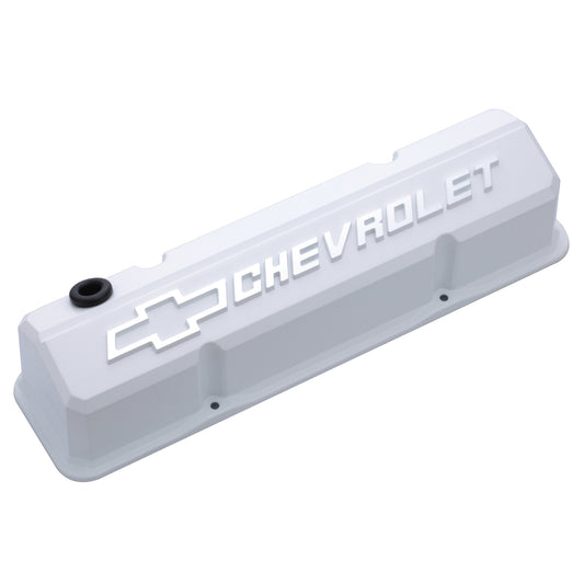 Proform Valve Covers; Slant-Edge Tall; Die Cast; White w/ Raised Bowtie Logo; SB Chevy 141-935