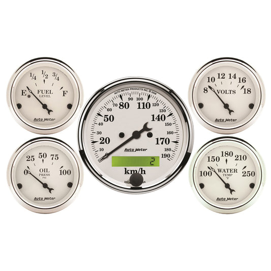 AutoMeter 5 PC. GAUGE KIT 3-1/8 in. & 2-1/16 in. ELEC. KM/H SPEEDOMETER OLD TYME WHITE 1602-M