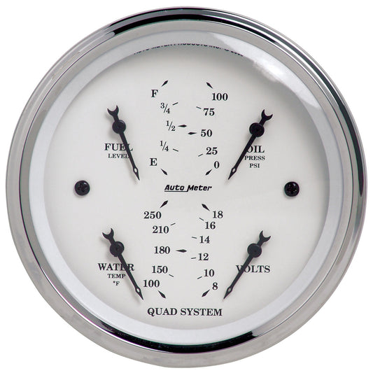 AutoMeter 3-3/8 in. QUAD GAUGE 100 PSI/100-250 Fahrenheit/8-18V/240-33 O OLD-TYME WHITE 1612