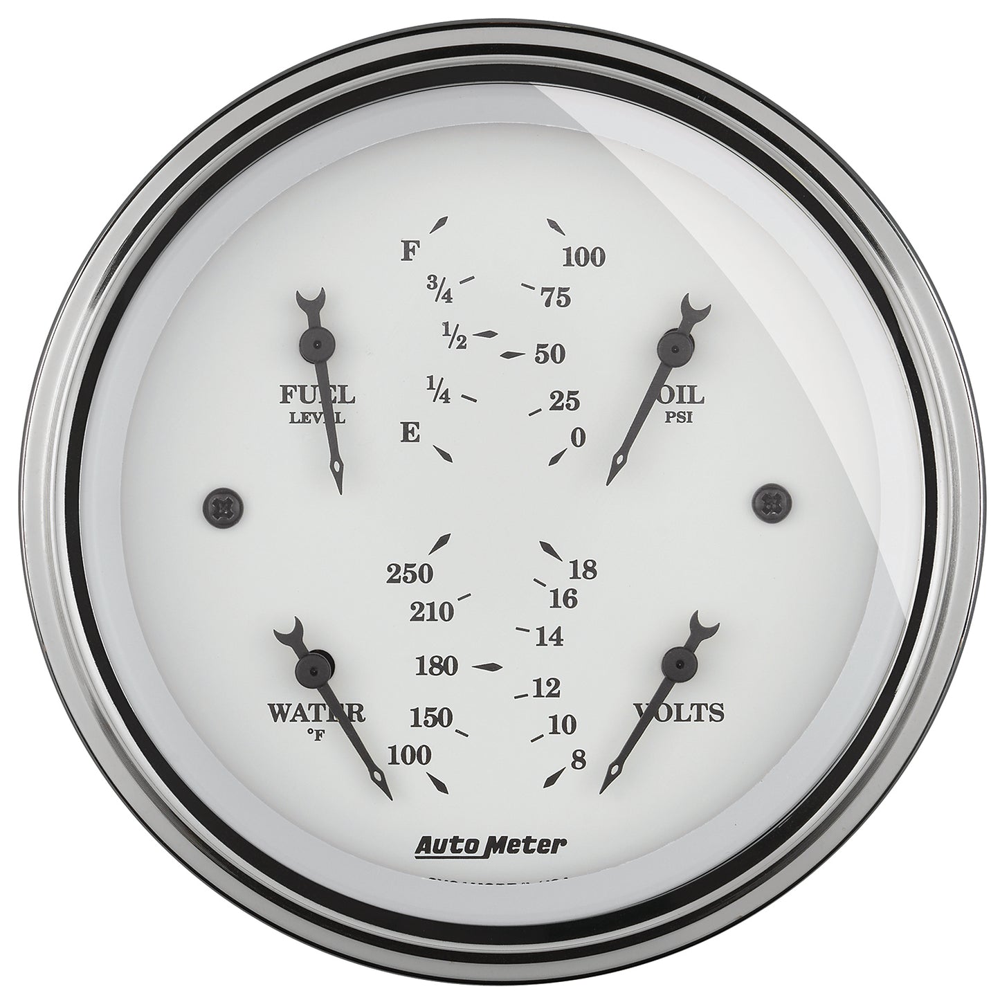 AutoMeter 3-3/8 in. QUAD GAUGE 100 PSI/100-250 Fahrenheit/8-18V/0-90 O OLD-TYME WHITE 1614