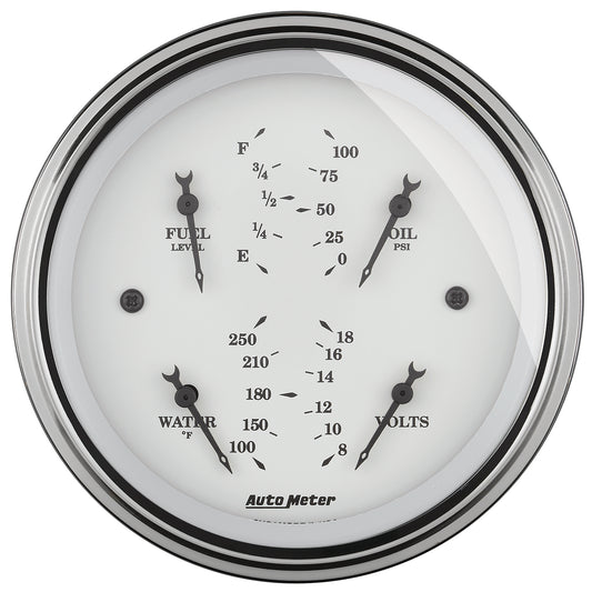 AutoMeter 3-3/8 in. QUAD GAUGE 100 PSI/100-250 Fahrenheit/8-18V/0-90 O OLD-TYME WHITE 1614