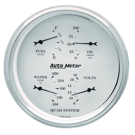 AutoMeter 5 in. QUAD GAUGE 100 PSI/100-250 Fahrenheit/8-18V/0-90 O OLD-TYME WHITE 1619
