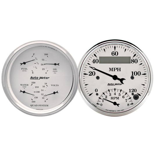 AutoMeter 2 PC. GAUGE KIT 3-3/8 in. QUAD & TACH/SPEEDO 240-33 O OLD TYME WHITE 1620