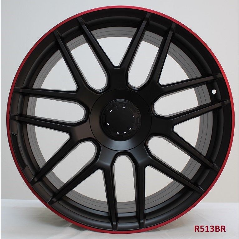 20" X 8.5/9.5" Staggered Aluminum Satin Black Red Lip Wheels Set - Dynamic Performance - R513-BR-20x8.5/9.5-5x112-38/42-66.56