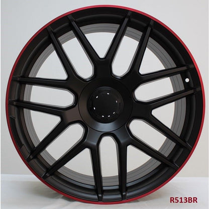 20" X 8.5/9.5" Staggered Aluminum Satin Black Red Lip Wheels Set - Dynamic Performance - R513-BR-20x8.5/9.5-5x112-38/42-66.56