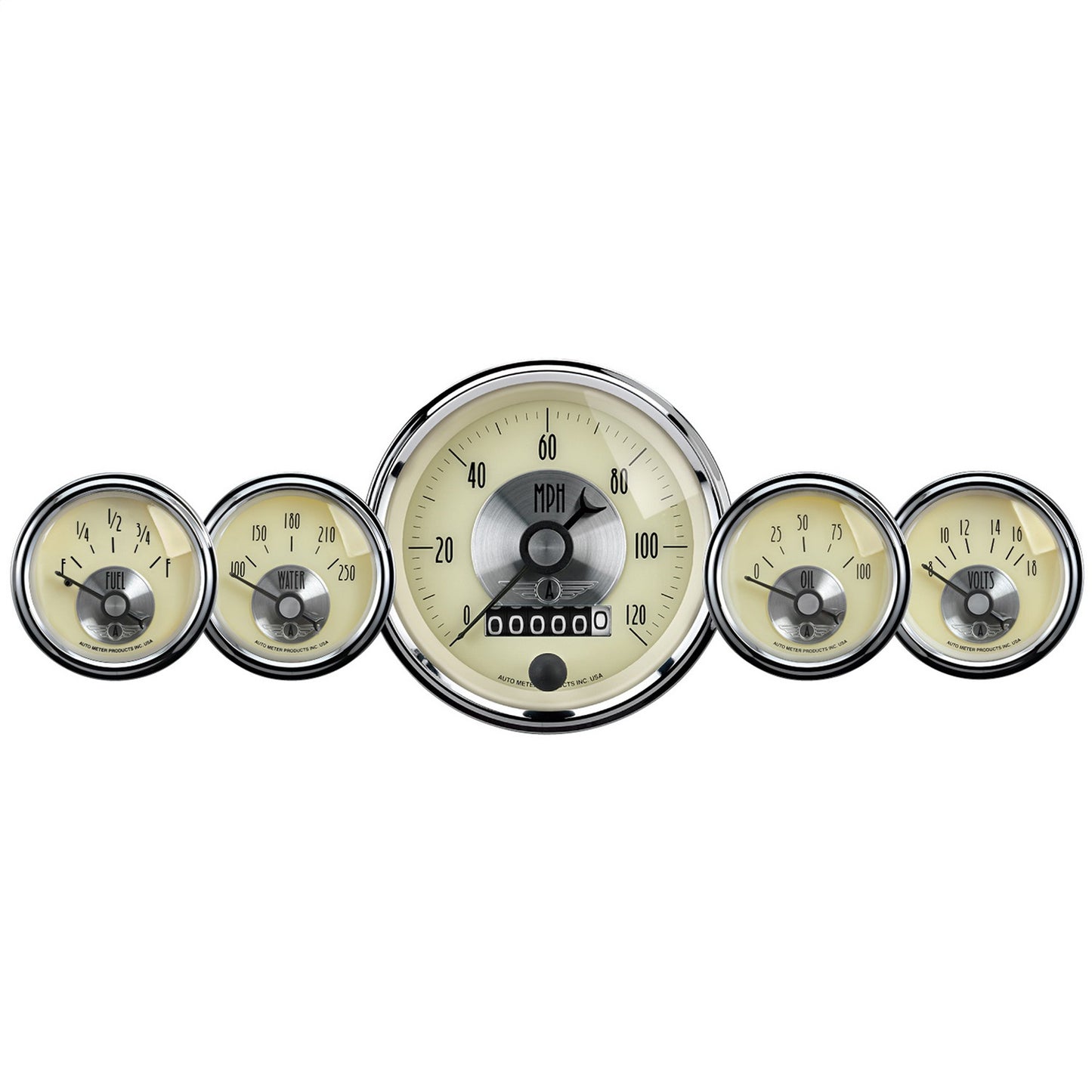 AutoMeter 5 PC. GAUGE KIT 3-3/8 in. & 2-1/16 in. ELEC. SPEEDO W/WHEEL ODO PRESTIGE ANTQ. IVORY 2002