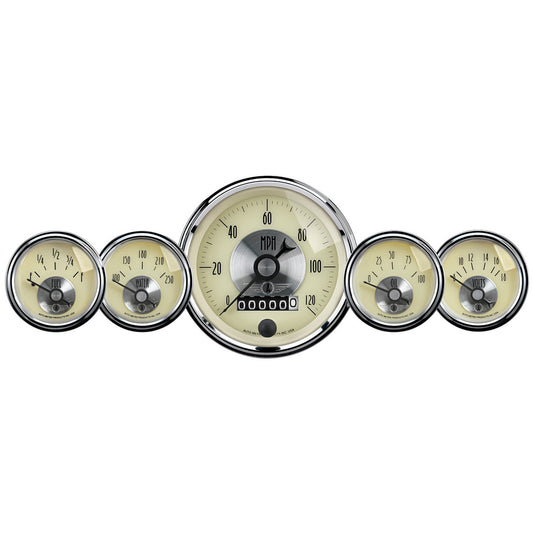 AutoMeter 5 PC. GAUGE KIT 3-3/8 in. & 2-1/16 in. ELEC. SPEEDO W/WHEEL ODO PRESTIGE ANTQ. IVORY 2002