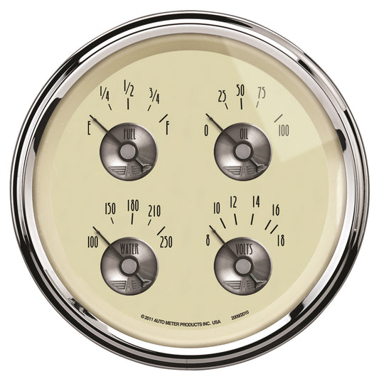 AutoMeter 5 in. QUAD GAUGE 100 PSI/100-250 Fahrenheit/8-18V/0-90 O PRESTIGE ANTIQUE IVORY 2009