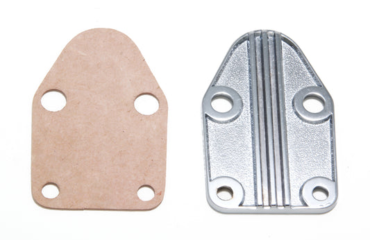 Trans-Dapt Performance Fuel Pump Block-Off Plate; Custom Style; Sb Chevy 283-400; Stippled Design- Chrome 2057