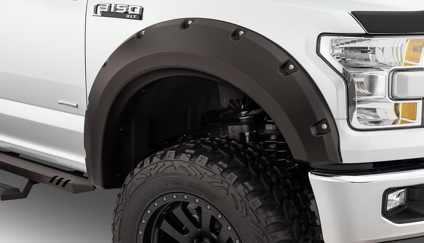 Bushwacker 20939-02 Black Max Coverage Pocket/Rivet Style Smooth Finish 4-Piece Fender Flare Set For 2015-2017 Ford F-150 (Excludes Models With Tech Package)
