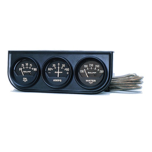 AutoMeter GAUGE CONSOLE OILP/WTMP/AMP 2-1/16 in. 100 PSI/280 Fahrenheit/60A BLK DIAL BLK BZL AG 2347