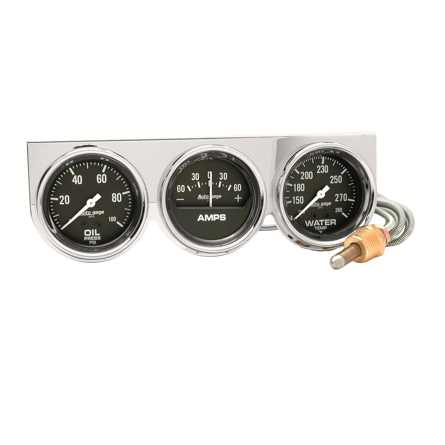 AutoMeter GAUGE CONSOLE OILP/WTMP/AMP 2-5/8 in. 100 PSI/280 Fahrenheit/60A BLK DIAL CHROME BZL AG 2395