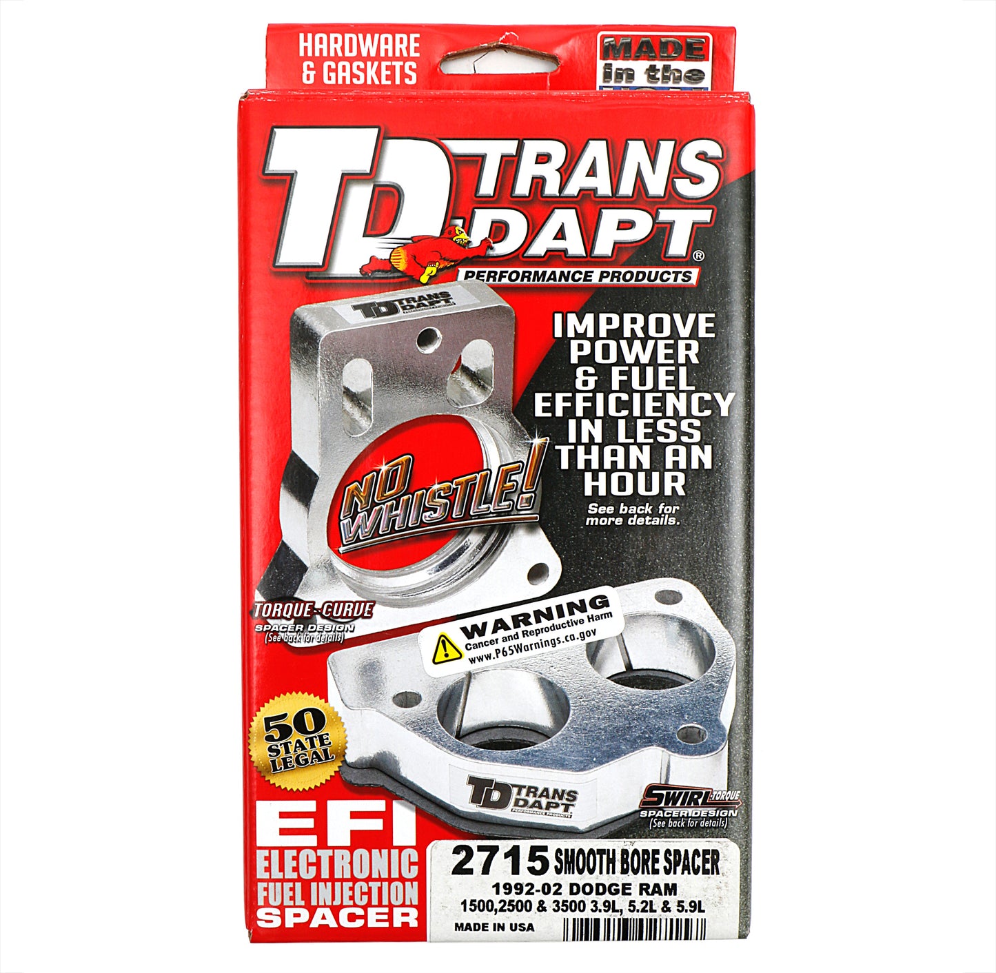 Trans-Dapt Performance Cast Aluminum Smooth-Bore Mpfi Spacer For 1992-02 Dodge Ram 1500 2500 3500 With 3.9L 5.2L Or 5.9L Engine 2715