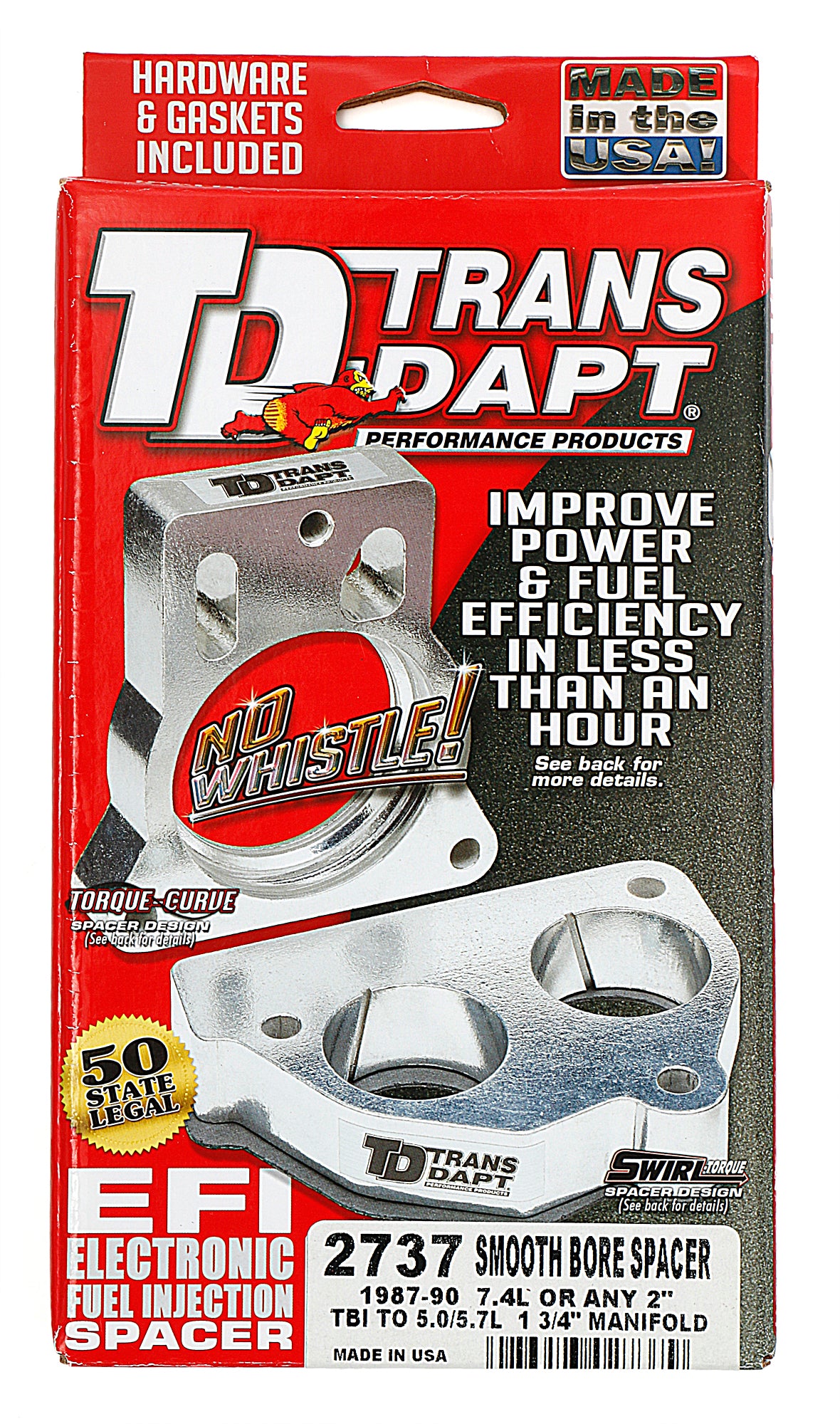 Trans-Dapt Performance 1987-90 7.4L Or 2 In. Tbi Unit On To 5.0-5.7L 1-3/4 In. Manifold- Smooth-Bore Throttle Body Adapter 2737