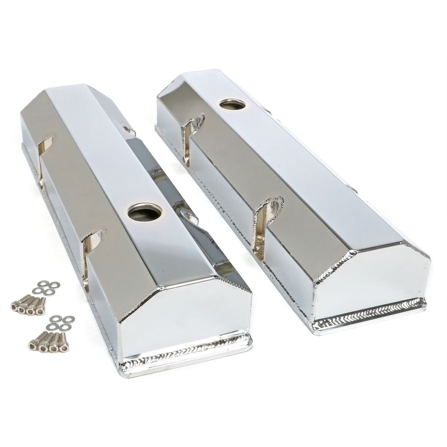 HAMBURGER'S PERFORMANCE PRODUCTS FABRICATED ALUMINUM VALVE COVERS CHROME SBC WITH HOLE 1025