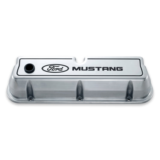 Proform Engine Valve Covers; Tall Style; Die Cast; Polished with Mustang Logo; SB Ford 302-030