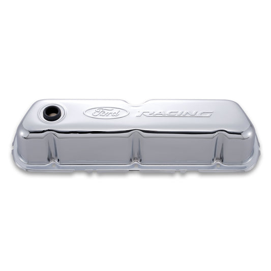 Proform Engine Valve Covers; Tall Style; Steel; Chrome with Ford Logo; For SB Ford 302-070