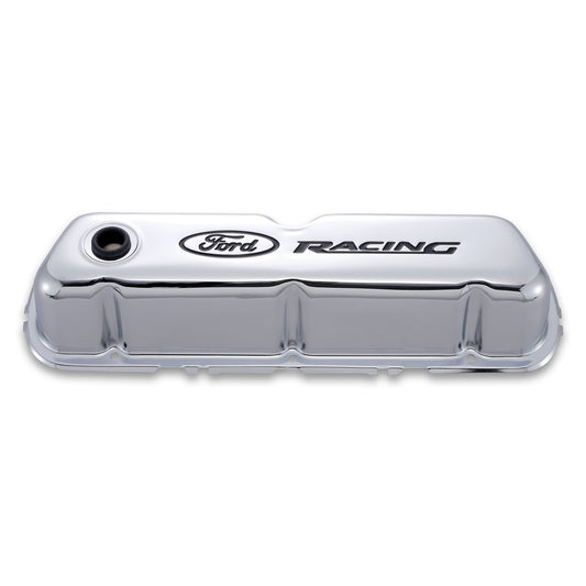 Proform Engine Valve Covers; Tall Style; Steel; Chrome with Ford Logo; For SB Ford 302-071