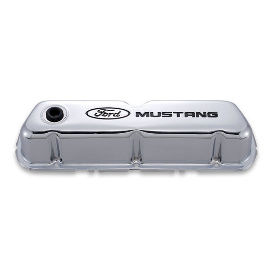 Proform Engine Valve Covers; Tall Style; Steel; Chrome with Mustang Logo; For SB Ford 302-100