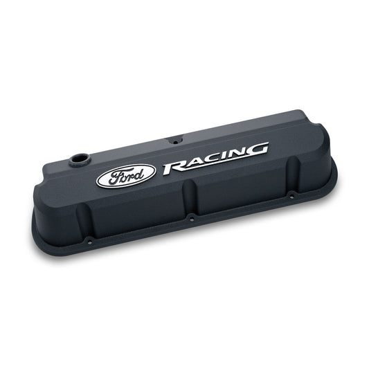 Proform Valve Covers; Slant-Edge Tall; Die Cast; Black with Raised Ford Logo; SB Ford 302-135