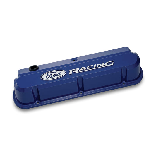Proform Valve Covers; Slant-Edge Tall; Die Cast; Blue with Raised Ford Logo; SB Ford 302-136