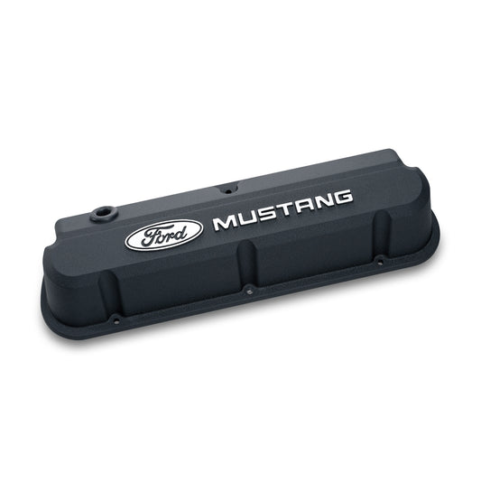 Proform Valve Covers; Slant-Edge Tall; Die Cast; Black with Raised Mustang Logo; SB Ford 302-140
