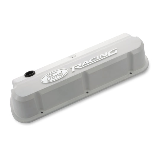 Proform Valve Covers; Slant-Edge Tall; Die Cast; White with Raised Ford Logo; SB Ford 302-142