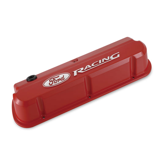 Proform Valve Covers; Slant-Edge Tall; Die Cast; Red with Raised Ford Logo; SB Ford 302-143