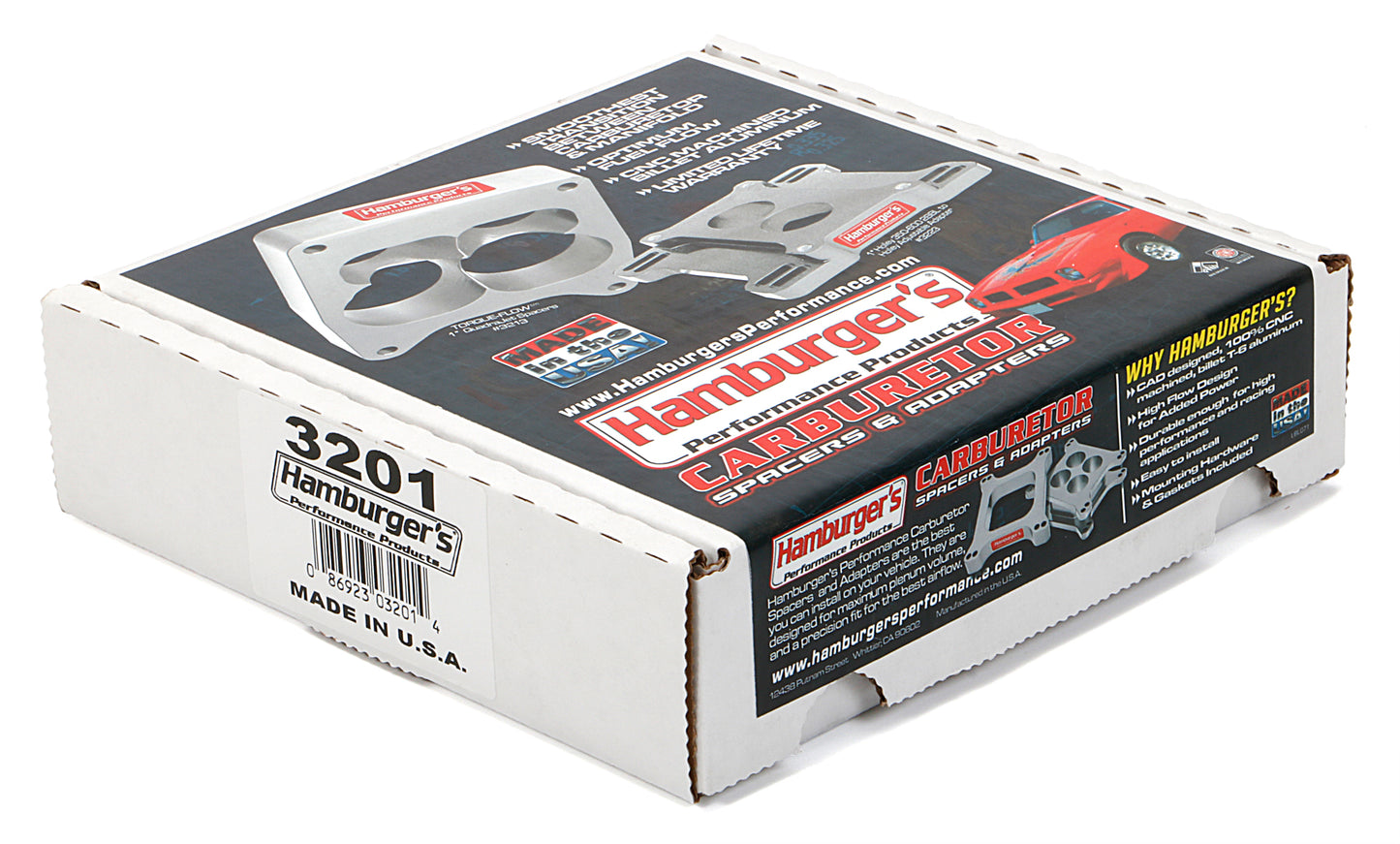 HAMBURGER'S PERFORMANCE PRODUCTS OPEN PLENUM CARBURETOR SPACER- HOLLEY / AFB; 1 IN. TALL- BILLET ALUMINUM 3201