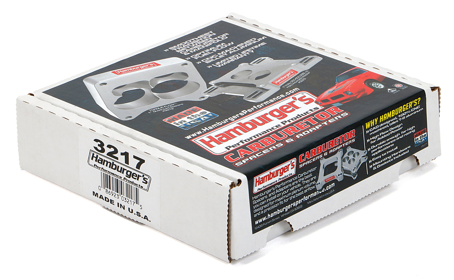 HAMBURGER'S PERFORMANCE PRODUCTS OPEN PLENUM CARBURETOR SPACER- HOLLEY DUAL PLANE; 1 IN. TALL- BILLET ALUMINUM 3217