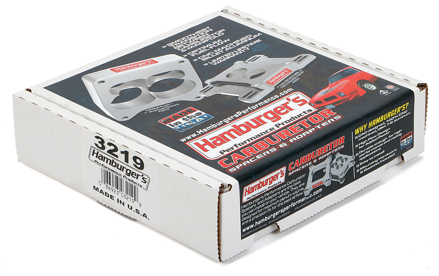 HAMBURGER'S PERFORMANCE PRODUCTS TORQUE-FLOW CARBURETOR SPACER- HOLLEY DUAL PLANE; 1 IN. TALL- BILLET ALUMINUM 3219