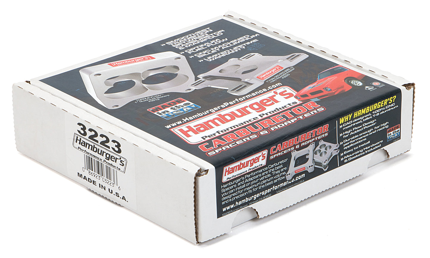 HAMBURGER'S PERFORMANCE PRODUCTS CARBURETOR ADAPTER; BILLET ALUMINUM- 1 IN. HOLLEY 350-600 2BBL TO HOLLEY ADJUSTABLE (HIGH FLOW) 3223