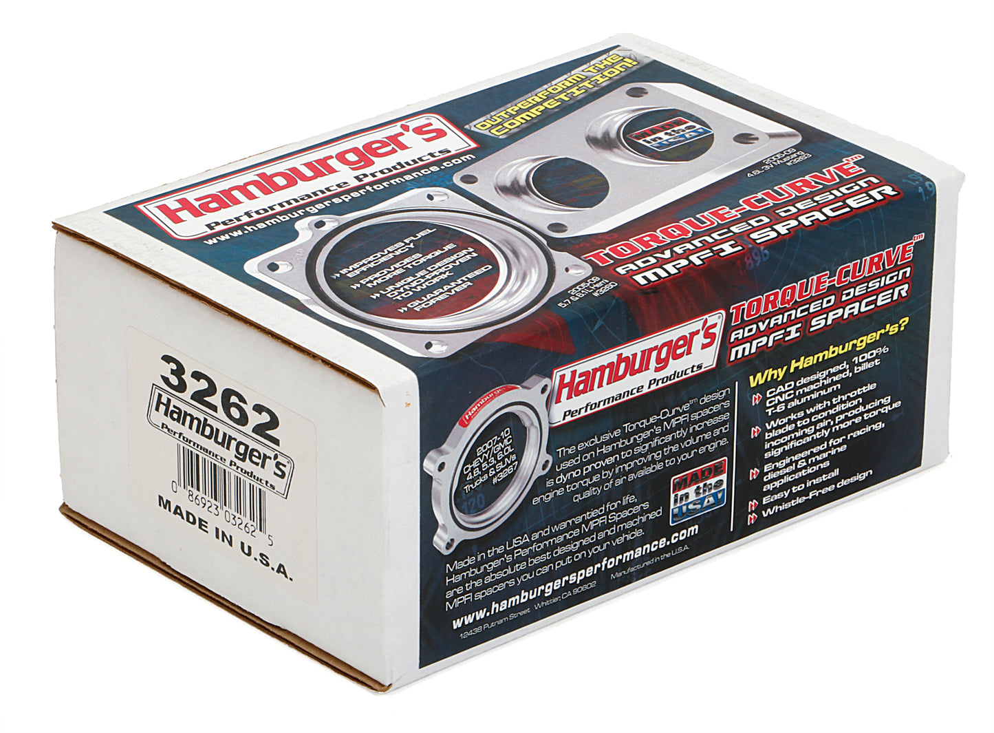 HAMBURGER'S PERFORMANCE PRODUCTS BILLET ALUMINUM TORQUE-CURVE MPFI SPACER FOR 1999-06 CHEVY/GMC TRUCKS AND SUVS CADILLAC ESCALADE HUMMER H2 OR MOTORHOME WITH 4.8L 5.3L 6.0L OR 8.1L ENGINE 3262