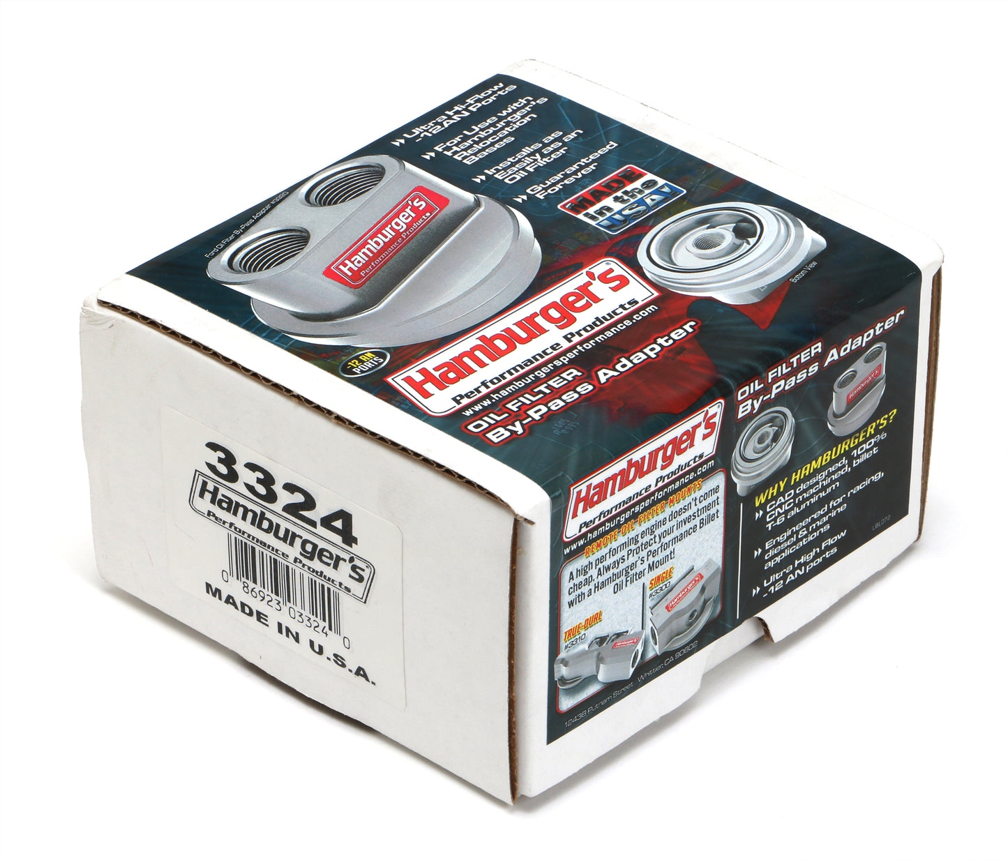 HAMBURGER'S PERFORMANCE PRODUCTS SPIN-ON BYPASS ADAPTER; BUICK OLDS PONTIAC; 13/16 IN.-16 FILTER THREADS; -12AN PORTS- BILLET ALUMINUM 3324