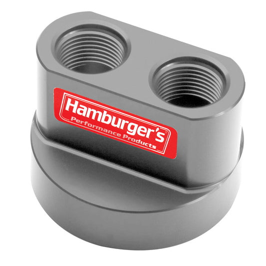 HAMBURGER'S PERFORMANCE PRODUCTS SPIN-ON BYPASS ADAPTER; CHEVY TRUCKS AND SUVS; 22MM-1.5 FILTER THREADS; -12AN PORTS- BILLET ALUMINUM 3327