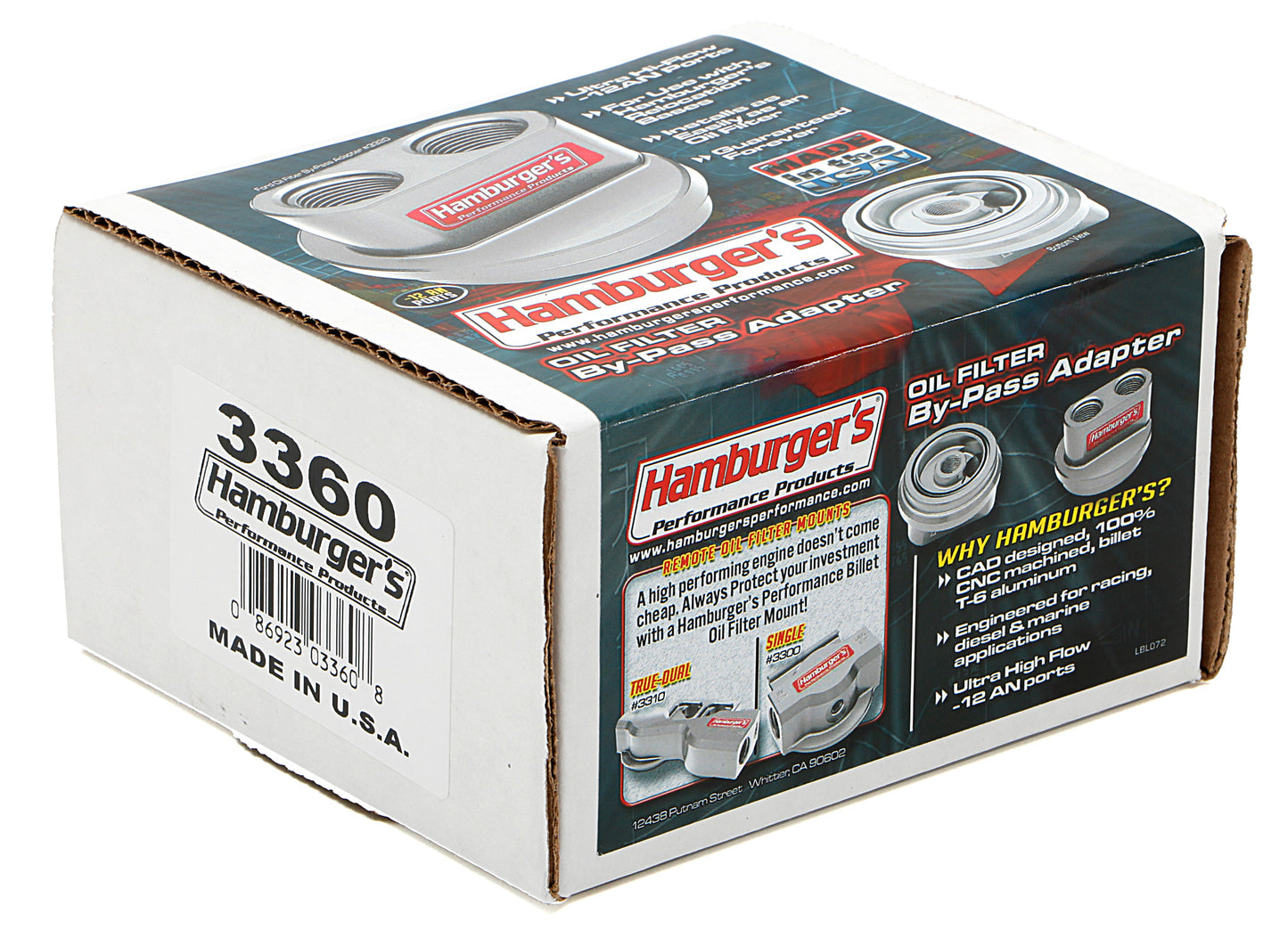 HAMBURGER'S PERFORMANCE PRODUCTS SPIN-ON OIL FILTER BYPASS ADAPTER; -12AN PORTS; FITS SELECT FORD E250 E350 F250 & F350 TRUCKS AND VANS WITH 7.3L DIESEL AND OTHER ENGINES THAT USE A PH3786 OR EQUIVALENT ENGINE OIL FILTER- CNC MACHINED BILLET ALUMINUM 3360