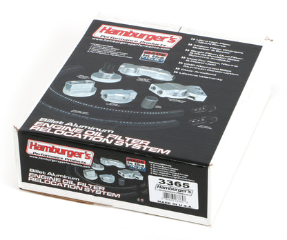 HAMBURGER'S PERFORMANCE PRODUCTS BILLET ALUMINUM SINGLE OIL FILTER RELOCATION KIT; VERTICAL PORT; 2-1/2 IN. I.D. 2-3/4 IN. O.D. OIL FILTER FLANGE; 13/16 IN.-16 NIPPLE- GM V8 & LS 3365