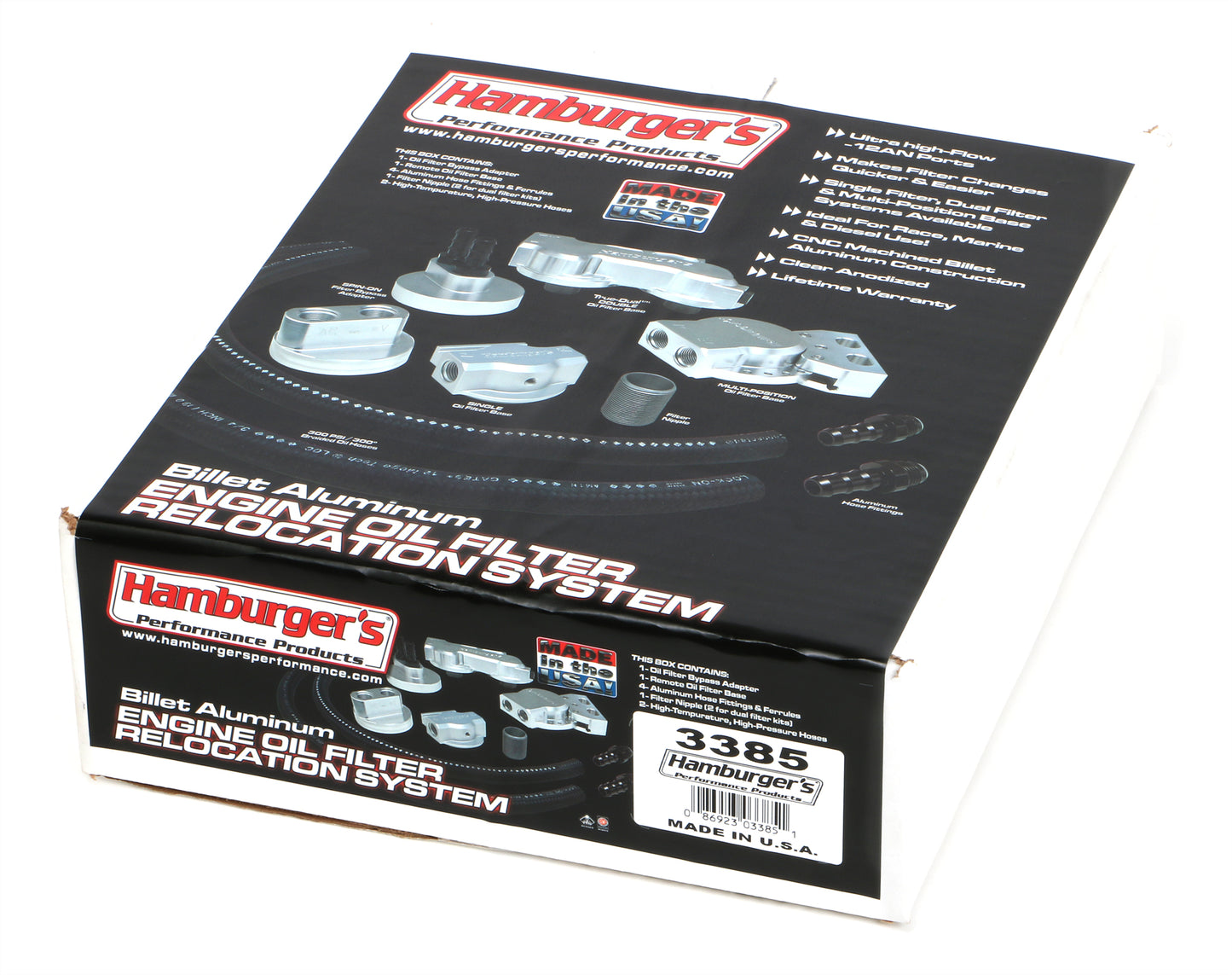 HAMBURGER'S PERFORMANCE PRODUCTS BILLET ALUMINUM TRUE-DUAL DOUBLE OIL FILTER RELOCATION KIT; HORIZONTAL PORT; 2-1/2 IN. I.D. 2-3/4 IN. O.D. OIL FILTER FLANGE; 13/16 IN.-16 NIPPLE- GM V8 & LS 3385