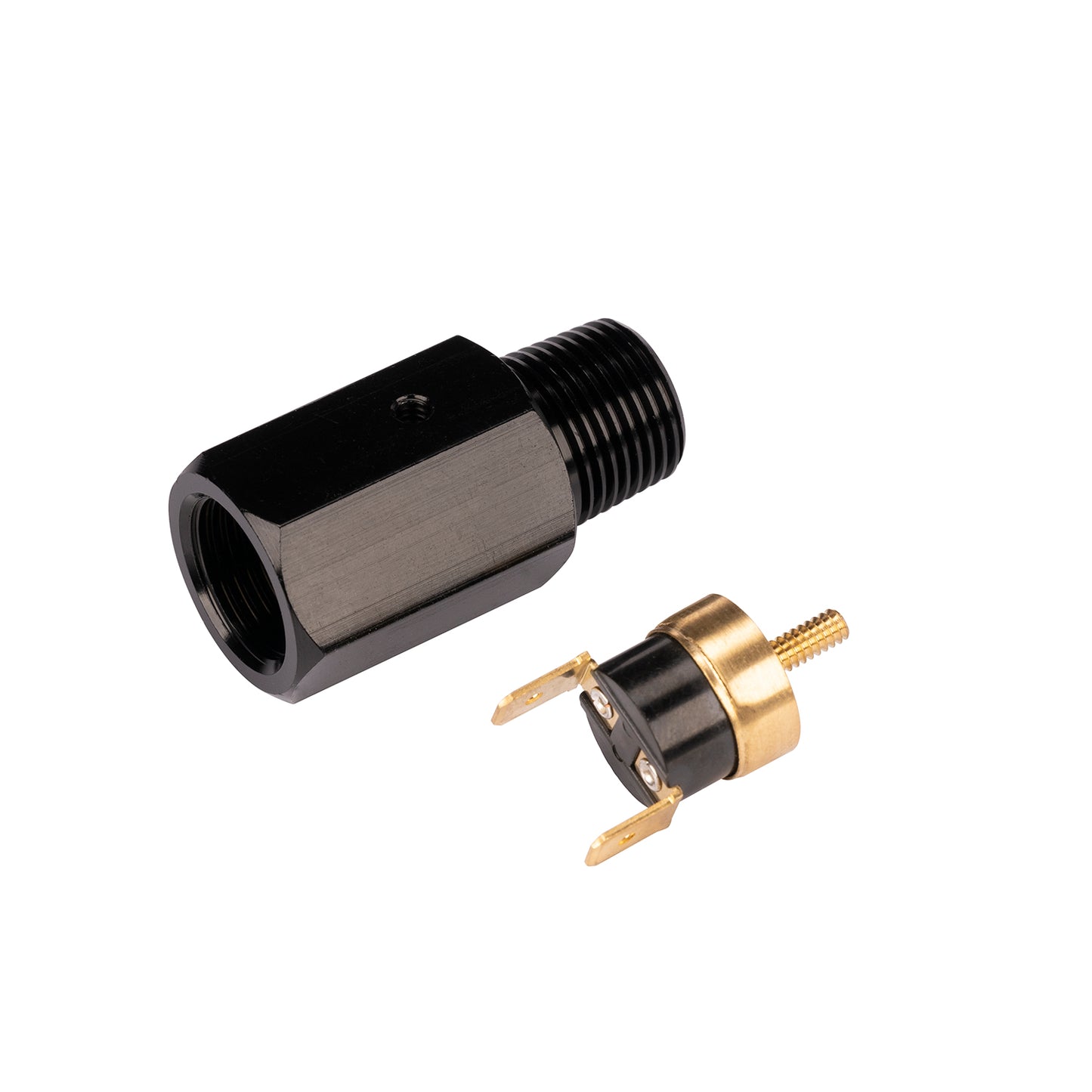 Derale 190 Degree F Inline thermal switch. 3/8" NPT Black Anodized. 35030
