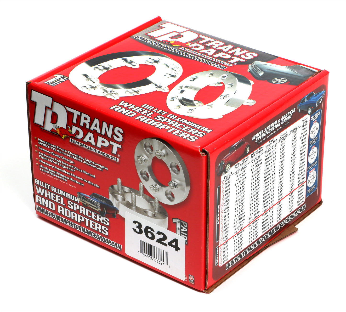 Trans-Dapt Performance Billet Wheel Spacers; 5 Lug On 4.5 In. Bolt Pattern Diameter; 1/2 In.-20 Studs; 1 In. Thick 3624