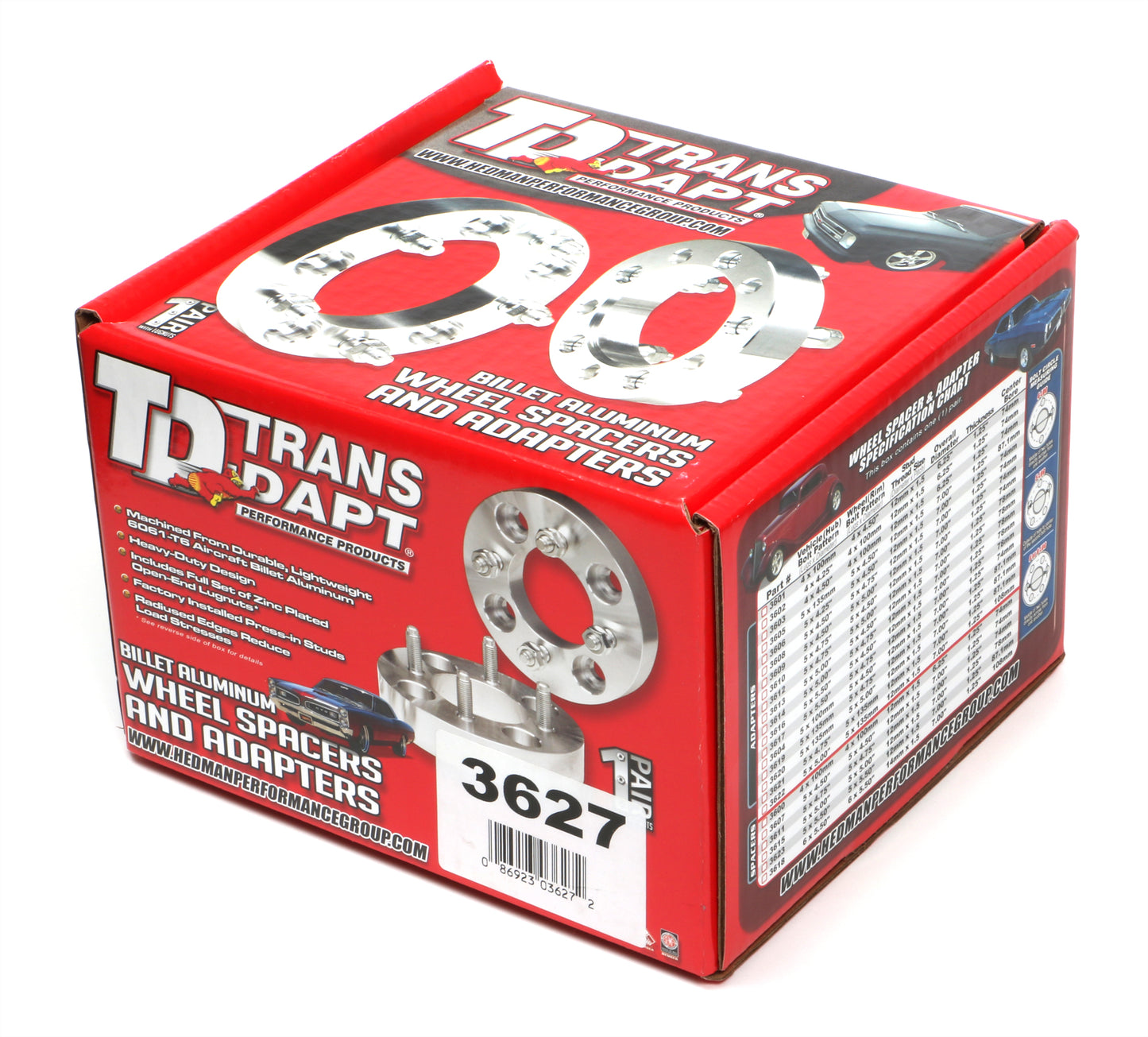 Trans-Dapt Performance Billet Wheel Spacers; 6 Lug On 5.5 In. Bolt Pattern Diameter; 12Mm X 1.5 Studs; 1 1/2 In. Thick 3627