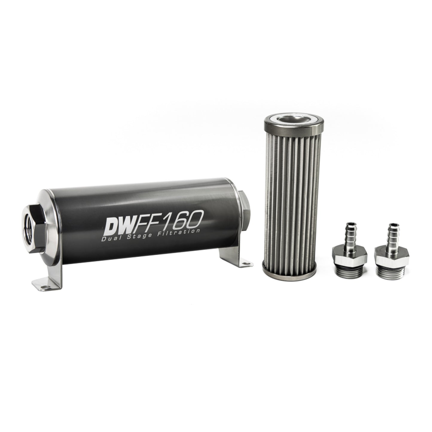 Deatschwerks In-line fuel filter element and housing kit, stainless steel 40 micron, 5/16in hose barb, 160mm. Universal DEW-8-03-160-040K-516