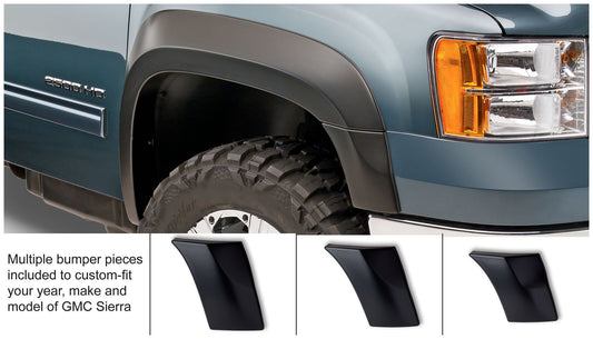 Bushwacker 40107-02 Black Extend-A-Fender Style Smooth Finish Front Fender Flares For 2007-2013 GMC Sierra 1500; 2007-2014 Sierra 2500 HD; Fits 78.7/97.6 In. Bed