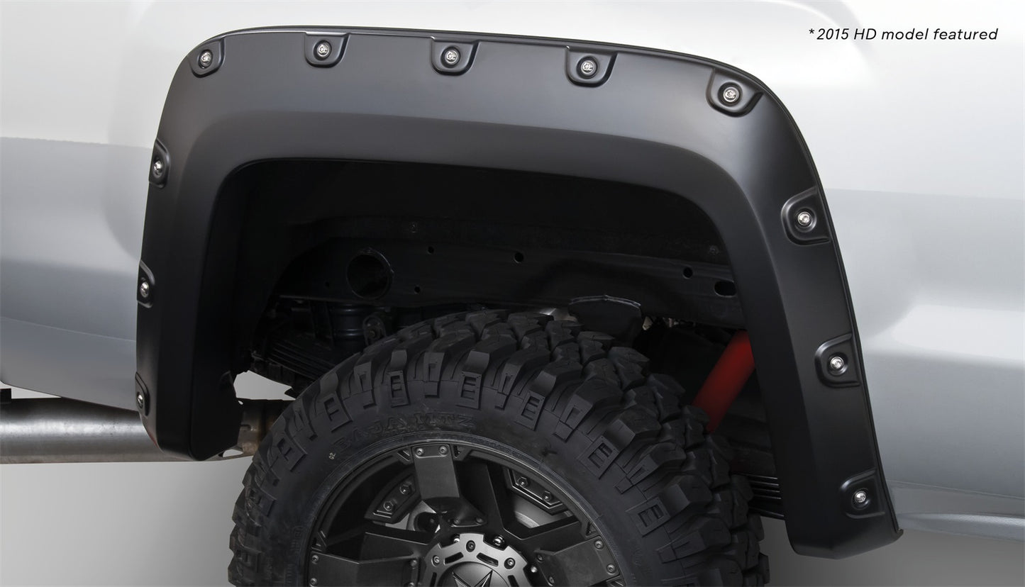 Bushwacker 40118-02 Black Boss Pocket/Rivet Style Smooth Finish Rear Fender Flares For 2014-2015 Sierra 1500; 2015-2018 Sierra 2500 HD/3500 HD