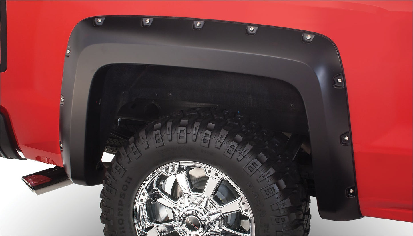 Bushwacker 40120-02 Black Pocket/Rivet Style Smooth Finish Rear Fender Flares For 2014-2018 Chevrolet Silverado 1500; Fits 69.3 In. Bed