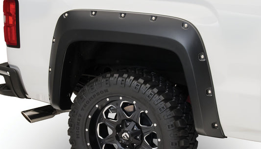 Bushwacker 40122-02 Black Pocket/Rivet Style Smooth Finish Rear Fender Flares For 2014-2018 Sierra 1500 (Incl Limited); 2015-2018 Sierra 2500 HD/3500 HD (Excludes Dually)
