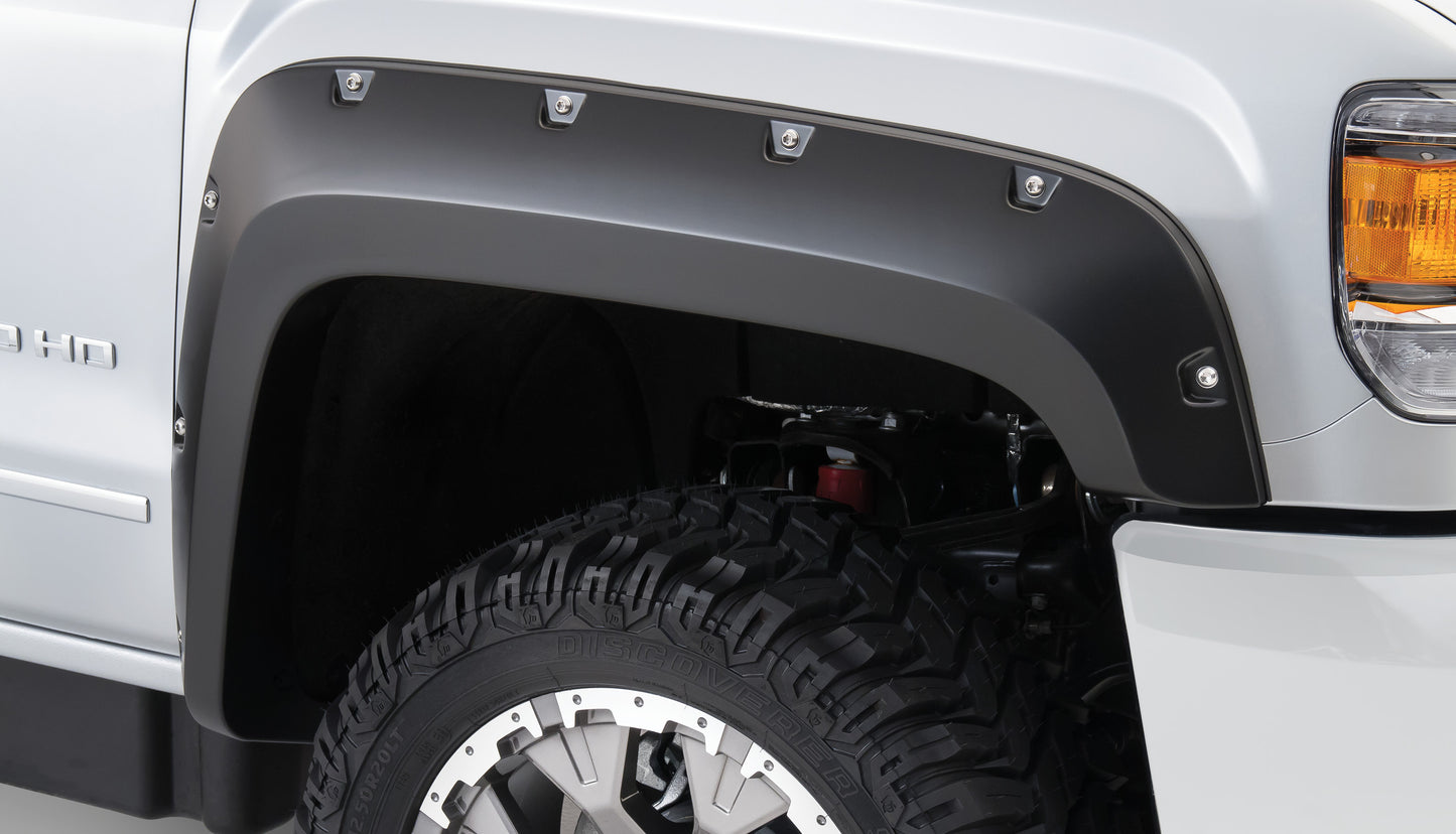 Bushwacker 40967-02 Black Pocket/Rivet Style Smooth Finish 4-Piece Fender Flare Set For 2015-2019 GMC Sierra 2500 HD/3500 HD