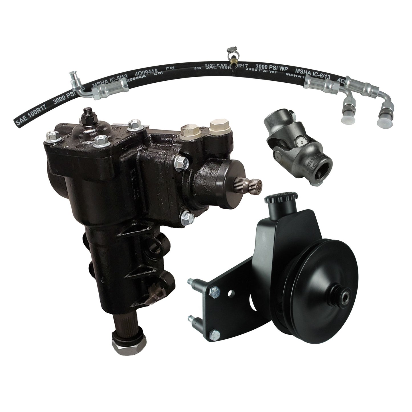 Borgeson - Steering Conversion Kit - P/N: 999059 - Power Steering Conversion Kit 66-77 Ford Bronco with factory M/S and 289/302/351W. Complete Kit includes P/S Box Pump Bracket & Pulley P/S Hoses and Universal Joint.