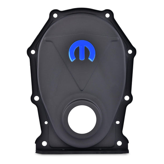 Proform Engine Timing Chain Cover; Black Crinkle; Steel; Blue MOPAR Logo; B/RB Chrysler 440-219